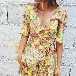 ZARA CottageCore Floral Blogger Festival Feminine Summer Mini Flowy Wrap Dress S